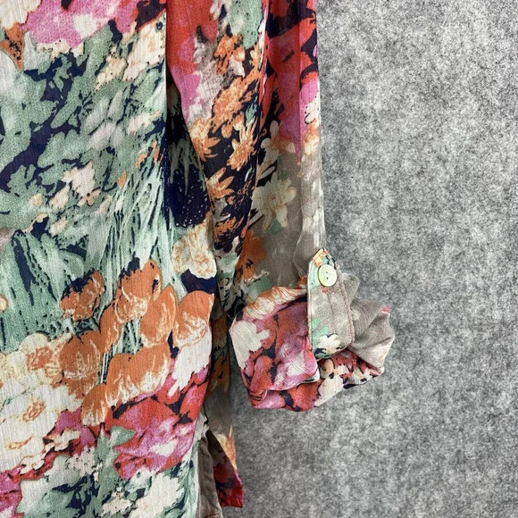 Fig And Flower Button Up Shirt Women PM‎ Floral Semi Sheer Roll Tab Sleeve - Picture 5 of 13